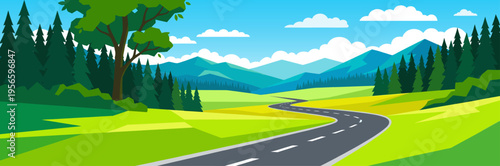 Wide panoramic winding road in green mountain valley