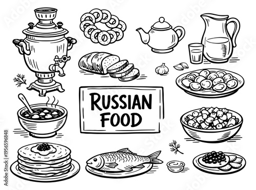 Traditional russian cuisine with samovar and blini in sketch style