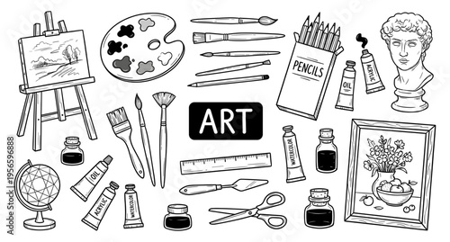 Art supply and drawing tool set with easel and palette