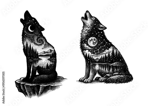 Howling wolf double exposure with forest and night sky