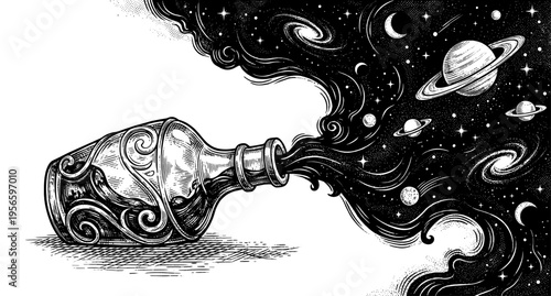 Imagination and magic galaxy pouring from potion bottle sketch