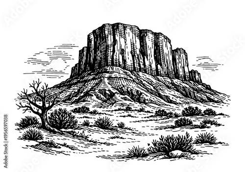 Mesa mountain in desert landscape with vintage sketch style