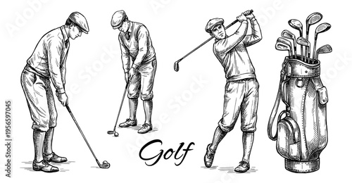 Golf player set with bag and club in vintage sketch style