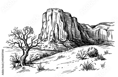 Monument Valley mesa mountain in desert landscape sketch