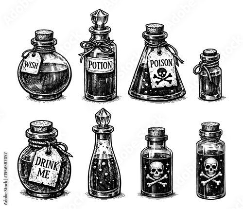 Apothecary potion and poison bottle with skull and drink me