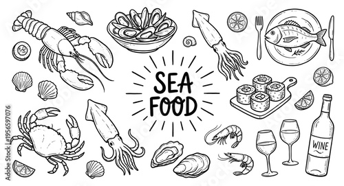 Seafood set with lobster crab and wine in hand drawn style