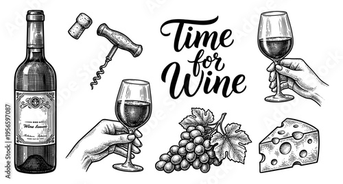 Wine set with bottle glass cheese and grapes sketch