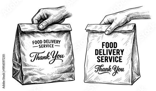 Food delivery service paper bag set held by hand hand drawn sketch