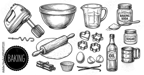 Baking tool and ingredient set with mixer and bowl hand drawn sketch
