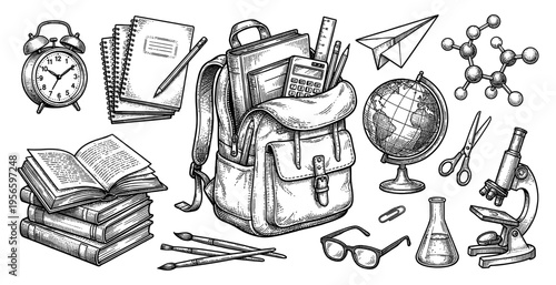School supply set with backpack book and globe hand drawn sketch