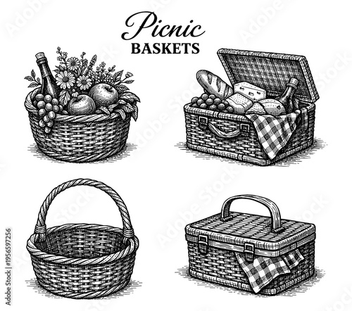 Picnic wicker basket set with wine fruit and bread hand drawn sketch