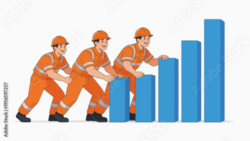 Three workers pushing blue bars