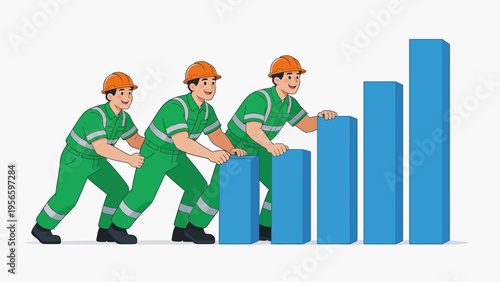 Three workers pushing bar chart