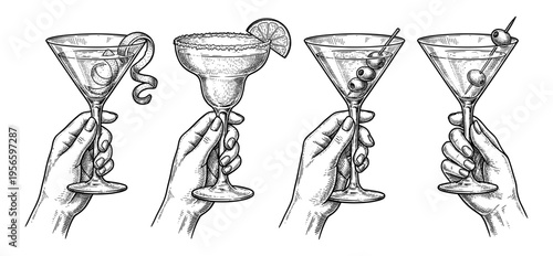Cocktail set held by hand with martini margarita hand drawn sketch