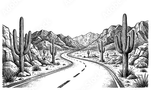 Desert road landscape with mountain and saguaro hand drawn sketch