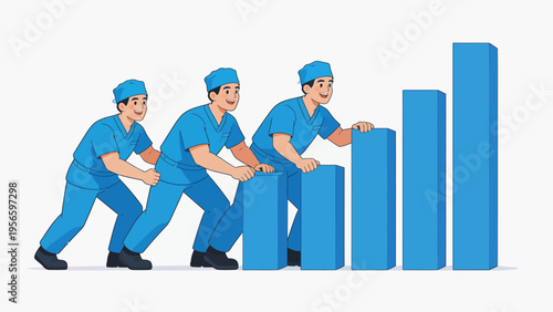 Three medical workers pushing bar chart
