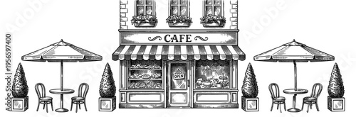 Cafe storefront facade with terrace and umbrella hand drawn sketch