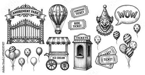 Amusement park and carnival set with clown in vintage sketch style