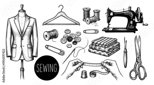 Tailor sewing tool set with mannequin and machine hand drawn sketch