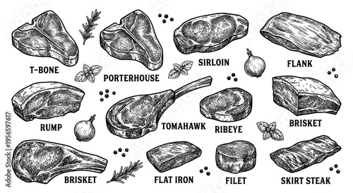 Beef meat steak cut set with ribeye and t-bone hand drawn sketch