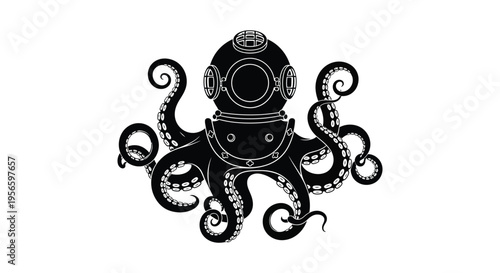 A striking black silhouette depicts a vintage deep sea diver s helmet blended with octopus tentacles creating a unique image silhouette high quality