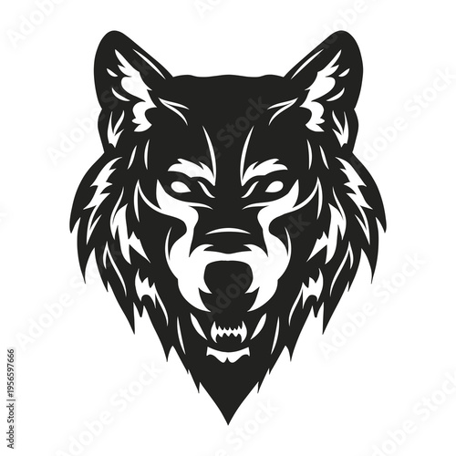 Black and white wolf head illustration with fierce symmetrical graphic details