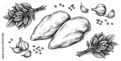 Chicken breast fillet garlic herb hand drawn sketch vintage engraving