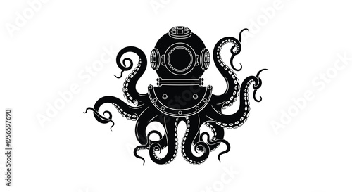 An intricate black silhouette of a vintage diving helmet with octopus tentacles creating a unique marine design silhouette high quality professional