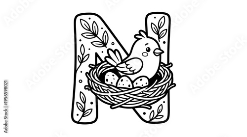 Bird sitting on eggs in nest.