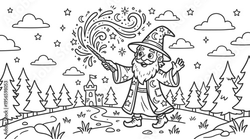 Wizard casting magic spell outdoors.