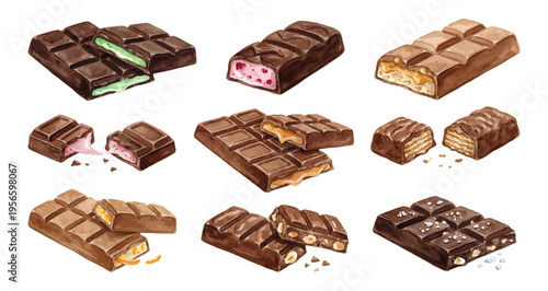  Chocolate bar set with caramel hazelnut and mint in watercolor