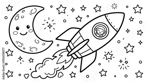 Smiling cartoon rocket ship blasting off.