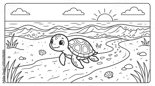 Turtle Crawling on Sandy Beach Shore.