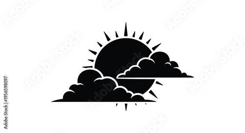 A minimalist black silhouette depicts a sun partially obscured by clouds above a horizon creating a striking image silhouette high quality