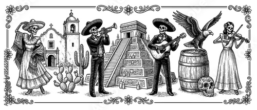 Mexican Dia de los Muertos Day of the Dead skeleton mariachi set engraving