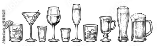 Alcohol glass set with beer wine whiskey and cocktail hand drawn