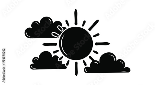 A minimalist depiction of a sun partially obscured by clouds rendered in a stark black silhouette high quality professional detailed modern