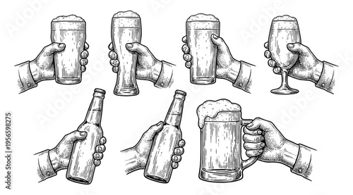 Hand holding beer glass and bottle set vintage hand drawn