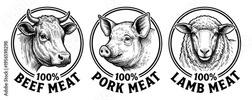 Beef pork lamb meat label set in vintage hand drawn engraving
