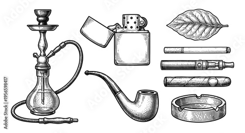 Smoking set with hookah pipe cigar and vape vintage hand drawn