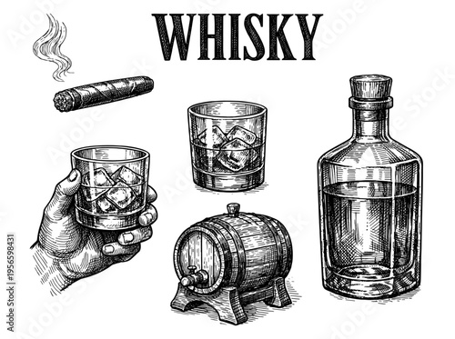 Whiskey set with bottle barrel glass ice hand cigar smoke hand drawn