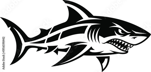 Black and white angry shark mascot vector logo design, aggressive marine predator illustration for sports team branding, isolated tattoo art