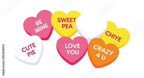Colorful heart shaped candies with affectionate messages scattered on a white background a charming valentine s silhouette high quality professional detailed modern elegant