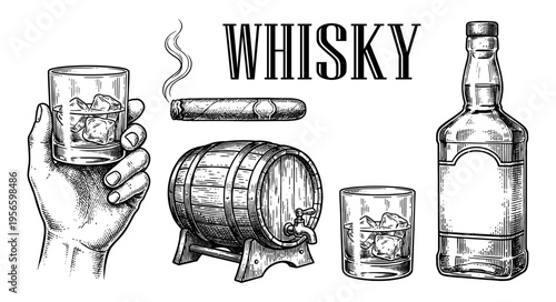 Whiskey set with bottle barrel glass ice hand cigar smoke hand drawn