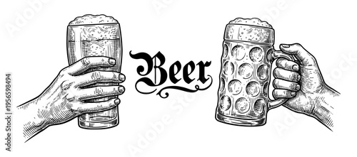 Two hands holding beer mug and glass pint vintage hand drawn