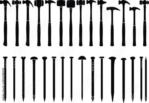 Black silhouette vector set of various hammers, mallets, nails, and screws isolated on white background for carpentry, construction, and hardware projects