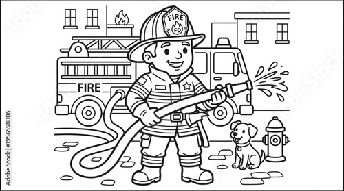 Little Boy Firefighter Holding Hose.