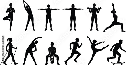 Set of active people silhouettes, men and women doing yoga, fitness workout, running, dancing, and skateboarding sports vector design illustration