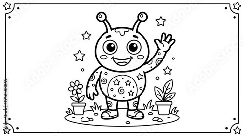 Smiling Alien Cartoon Character Waving Hand.