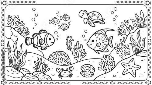 Colorful illustration of sea creatures swimming.